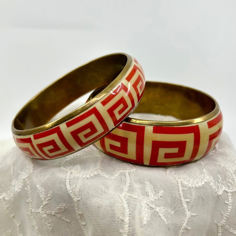 Vintage Red Gold Greek Key Brass Bangle Bracelets Travel Stacking Chunky Pair